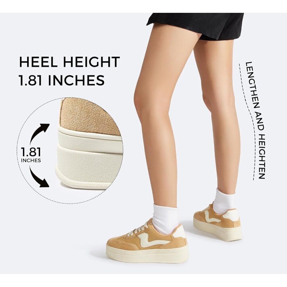 Women Platform CamelWhite Sneaker Thick Sole Suede Leather Low Top Walking Shoes - Picture 5 of 9
